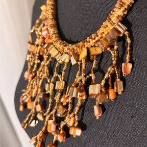 Gold and Amber Beaded Fringe Necklace - Women Jewelry